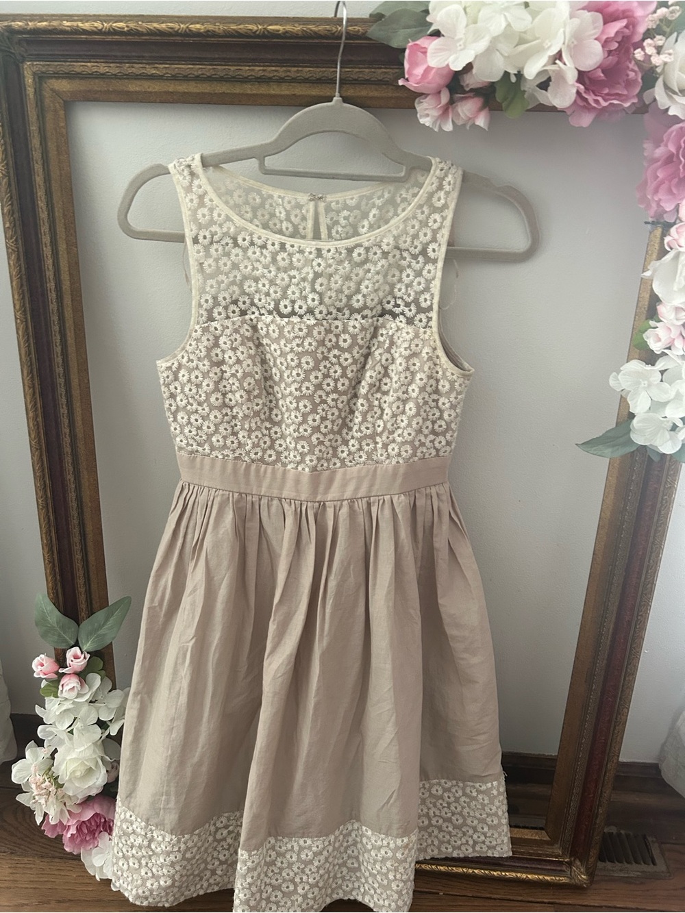 S.L. Fashions Cream Lace Bodice Tan A-Line Flower Trim Dress